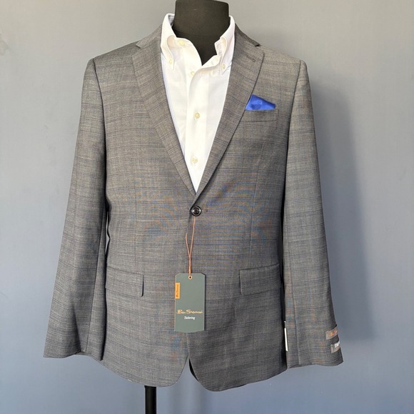 New Ben Sherman Bexley Windowpane Suit | 40R / 34W | Dark Gray Stretch Wool - Picture 3 of 16